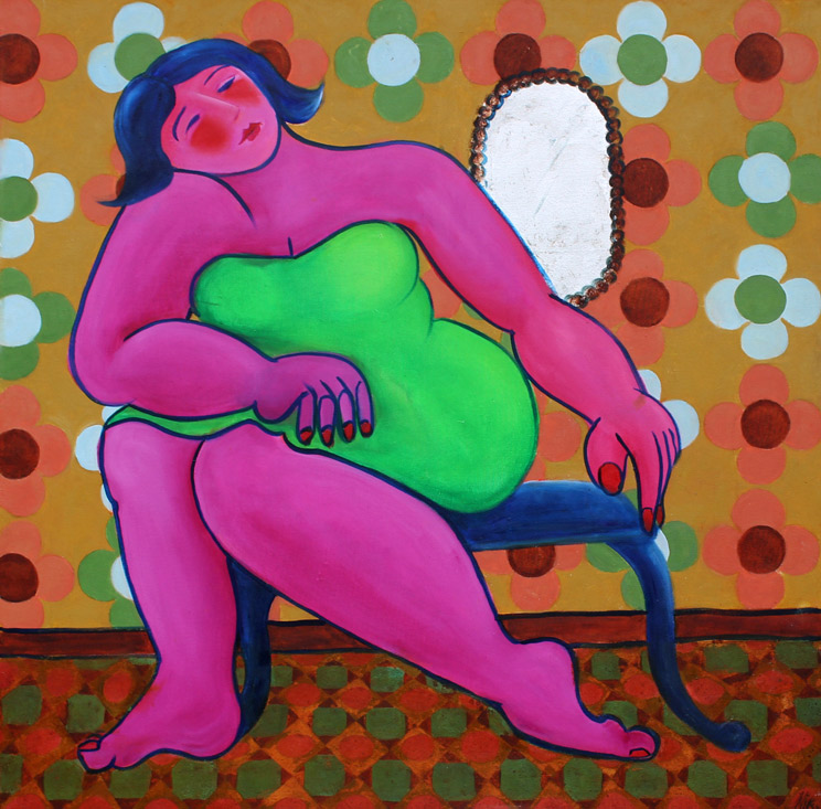 WOMAN ON BLUE STOOL